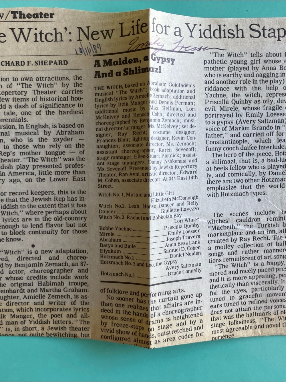 Emily Loesser Signed The New York Times Newspaper Clipping - Review Of The Witch